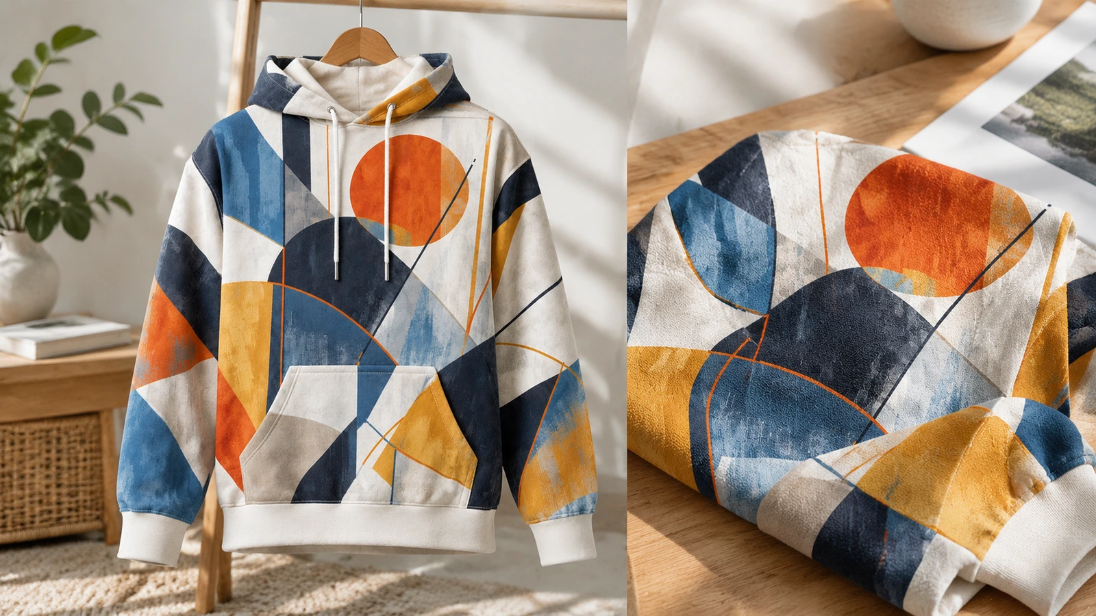 Geometrischer Hoodie auf einem Bügel neben einer Nahaufnahme des bedruckten Ärmels