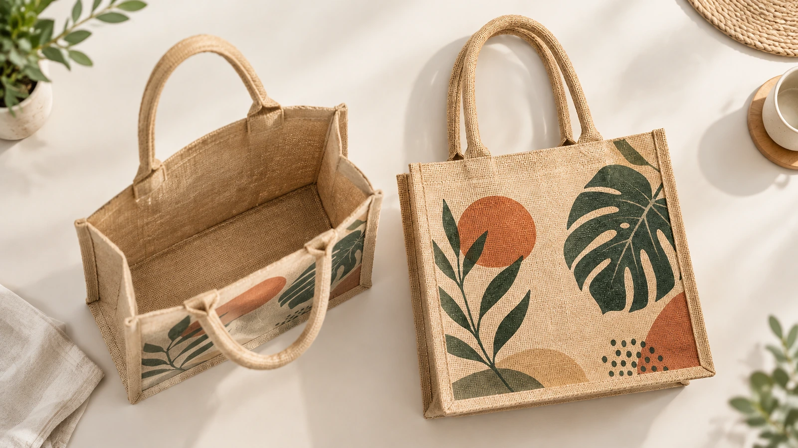 Passende Jutetaschen, von oben geöffnet und flach liegend, mit sichtbarem Druckmotiv