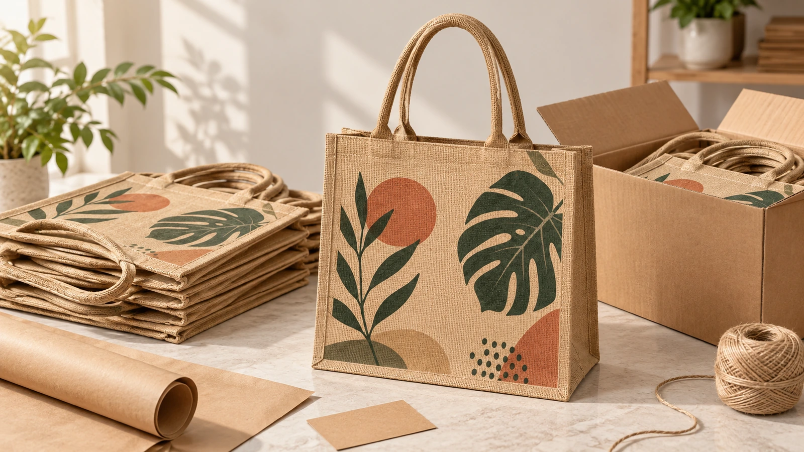 Bedruckte Jutetaschen gestapelt und neben einem offenen Karton verpackt, mit Kraftpapier und Schnur
