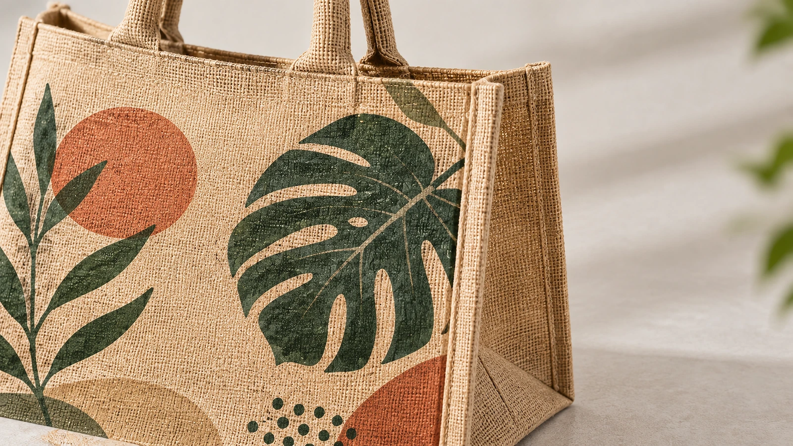 Nahaufnahme einer Jutetasche mit grünem Blattmotiv, gewebter Struktur und Seitenzwickel