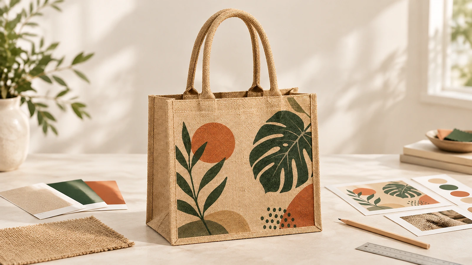 Jutetasche mit grünem Blattmotiv und terrakottafarbenem Druckmotiv neben Gewebe- und Farbmustern