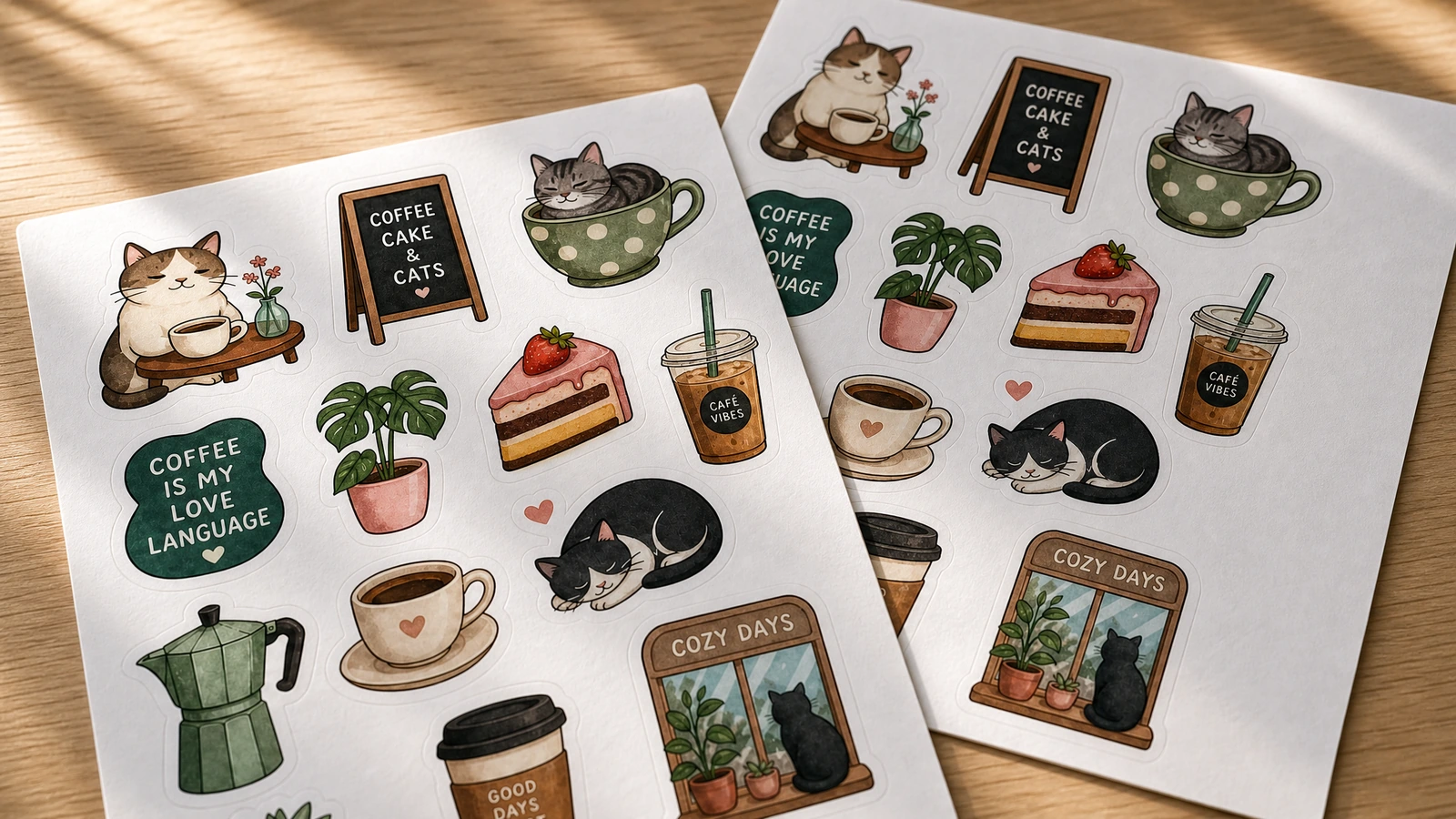 Stickerbögen mit Katzen- und Kaffeemotiven im Sonnenlicht Zwei überlappende Stickerbögen mit Katzen- und Kaffeemotiven im Sonnenlicht