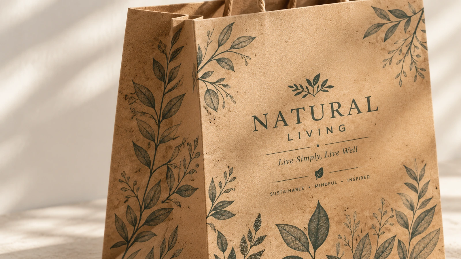 Nahaufnahme einer braunen Papiertüte mit Blattdruck und der Aufschrift NATURAL LIVING
