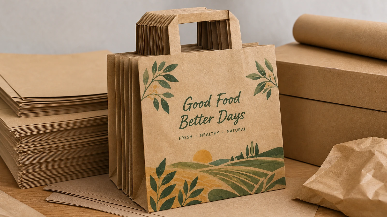 Braune Papiertüten mit Flachhenkeln und der Grafik Good Food Better Days neben Versandkartons