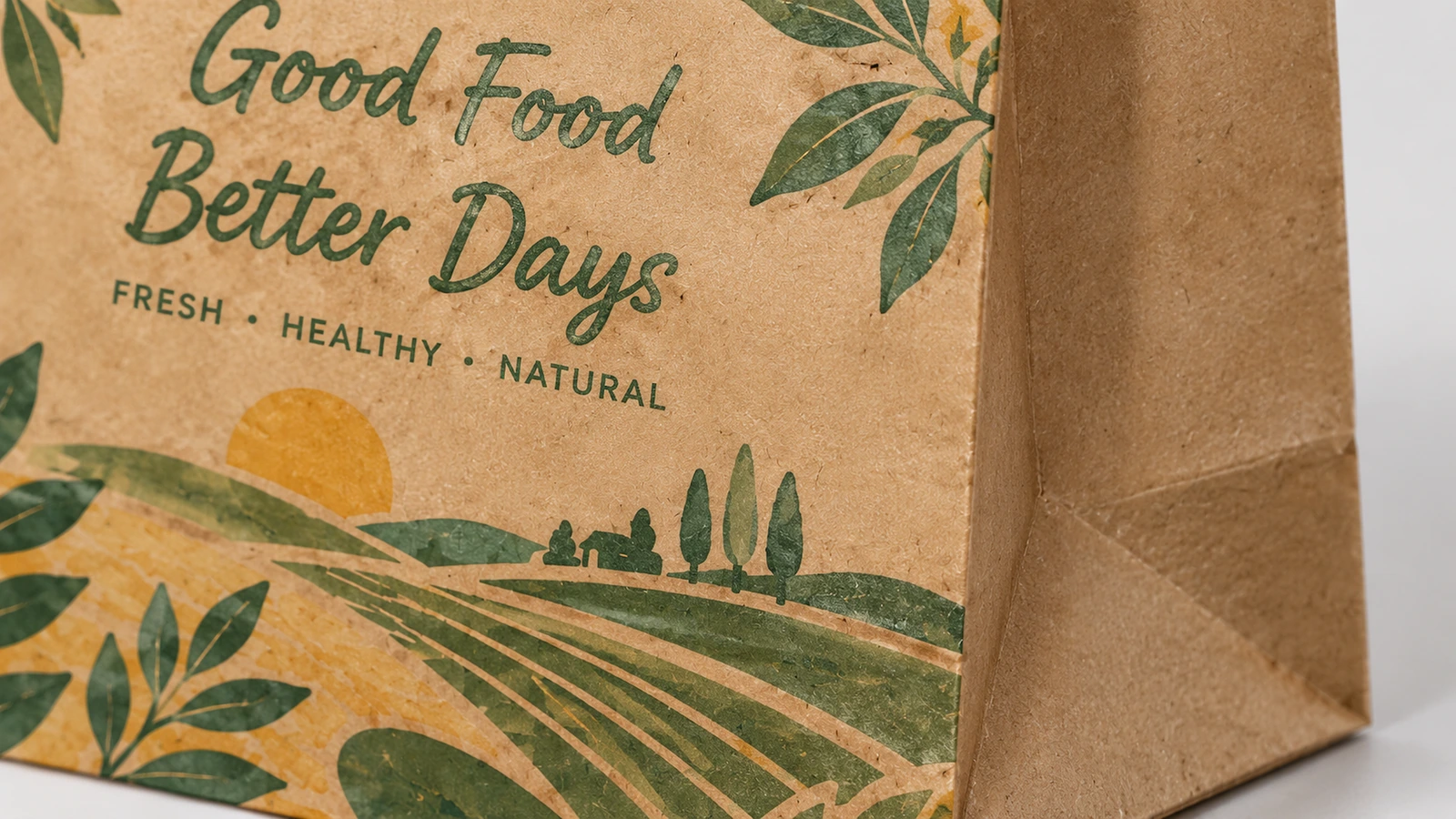 Nahaufnahme der Schriftzüge Good Food Better Days und der Landschaftsgrafiken auf braunem Papier