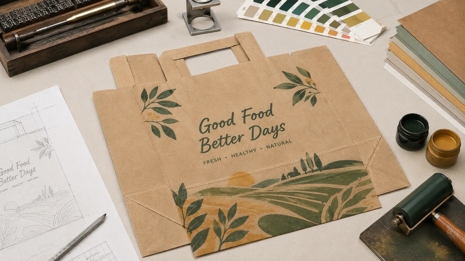 Flache braune Papiertüte mit Good-Food-Better-Days-Motiv neben einer Zeichnung, Druckfarben und Farbmustern