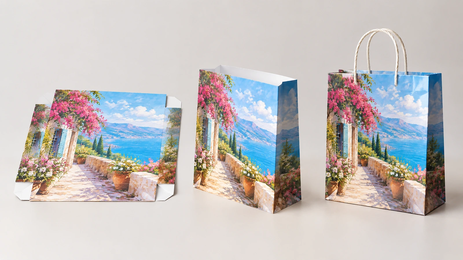 Montagestufen der Papiertasche Flache bedruckte Bestandteile, ein montierter Taschenkörper und eine fertige Tasche mit Griff