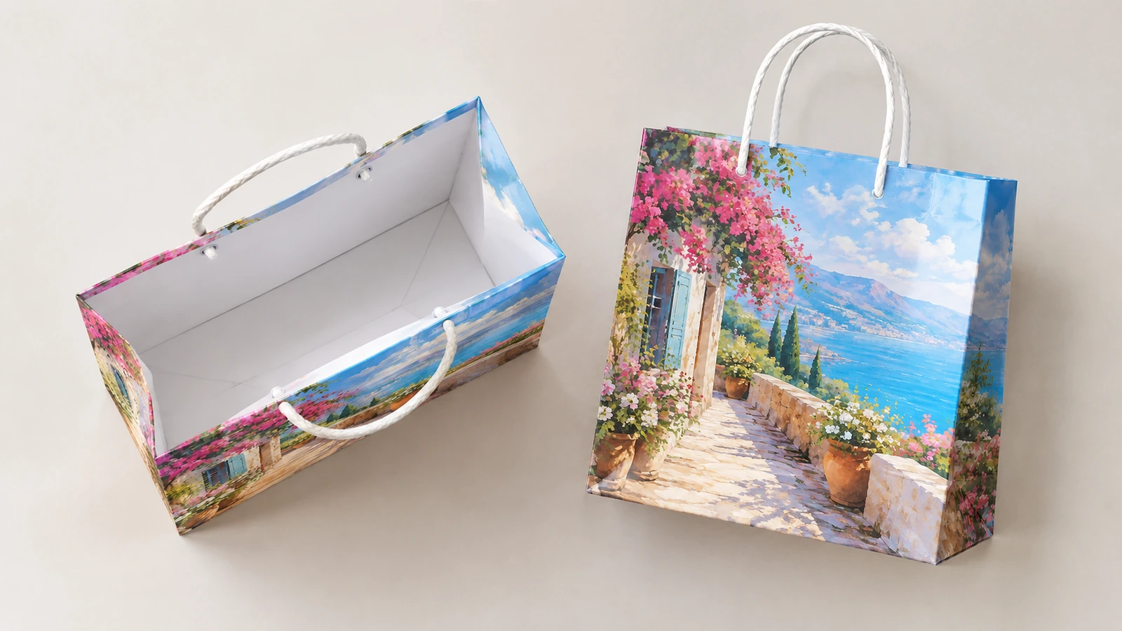 Innenansicht und Vorderseite einer bedruckten Papiertasche Geöffnete und aufrechte Ansichten einer Papiertasche mit Küstenlandschaftsdruck und weißen Kordelgriffen
