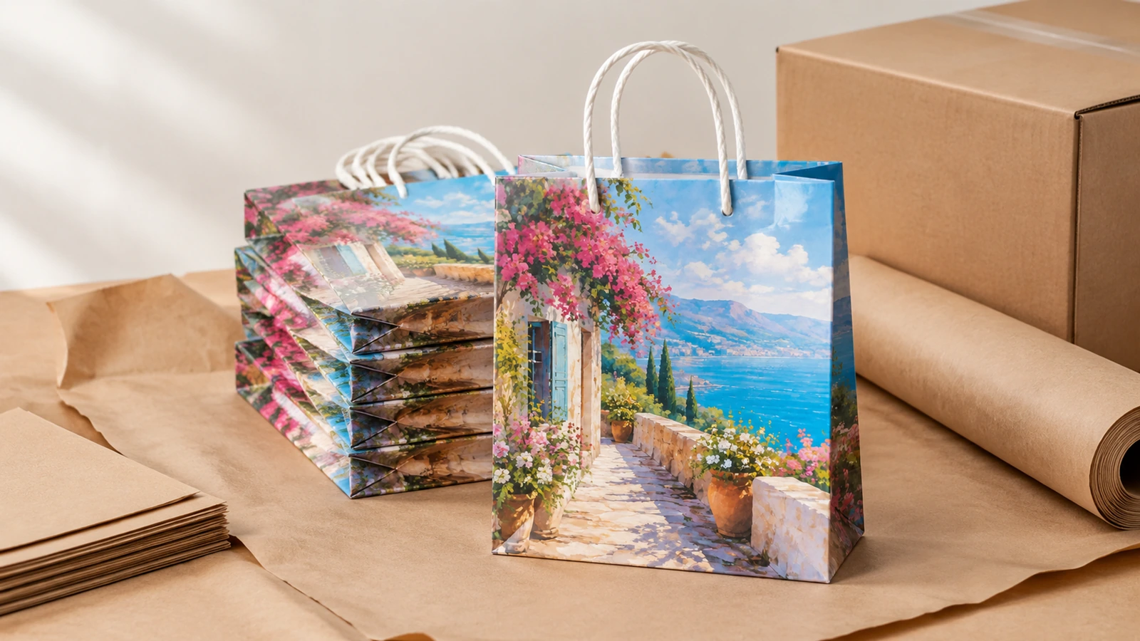 Bedruckte Einkaufstaschen und Verpackungsmaterialien Bedruckte Einkaufstasche und gestapelte flache Taschen neben einem Karton und Packpapier