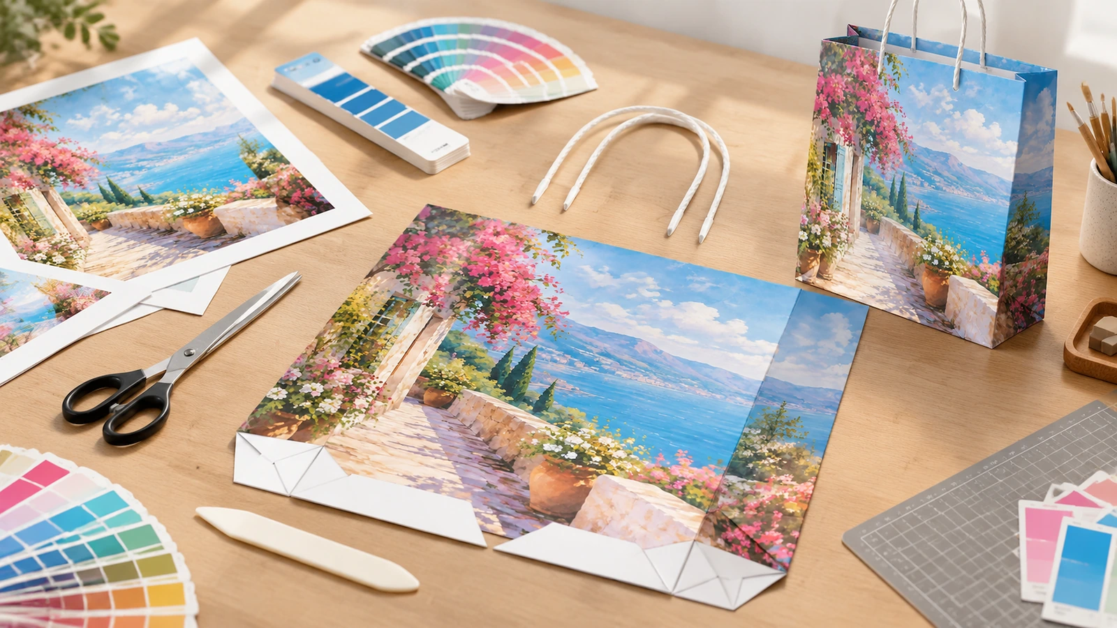 Bedruckte Papiertasche und Montagematerialien Papiertasche mit Küstenlandschaftsdruck und aufgeklappte bedruckte Bestandteile mit Griffen, Farbmustern und Schneidwerkzeugen