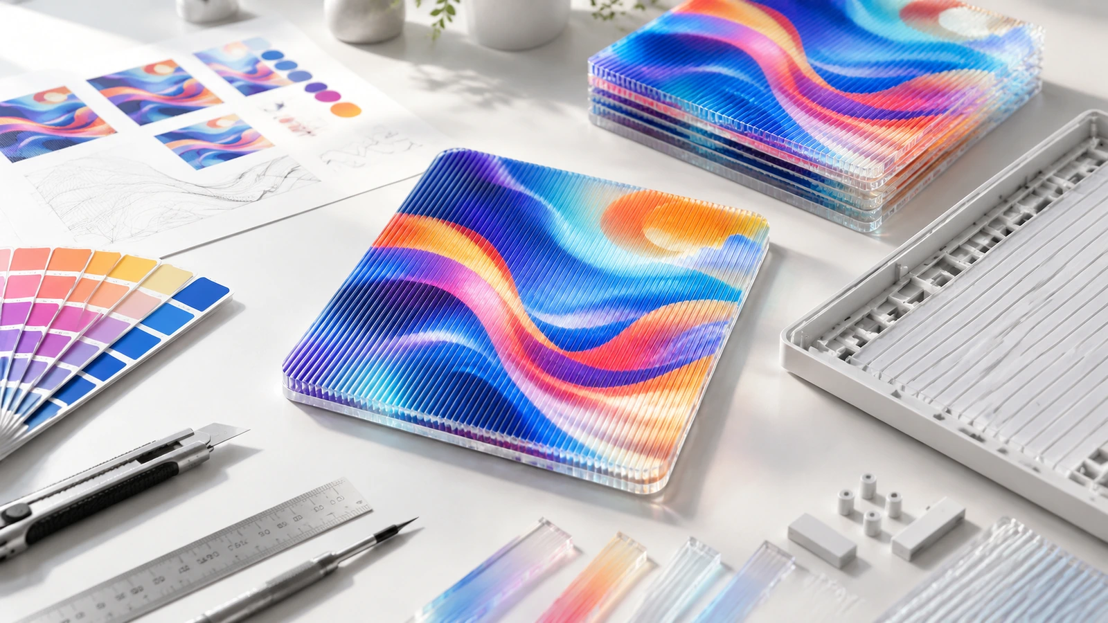 Bunte quadratische Lentikular-Muster neben Farbmustern, Linealen und Linsenfolien auf einem Designtisch