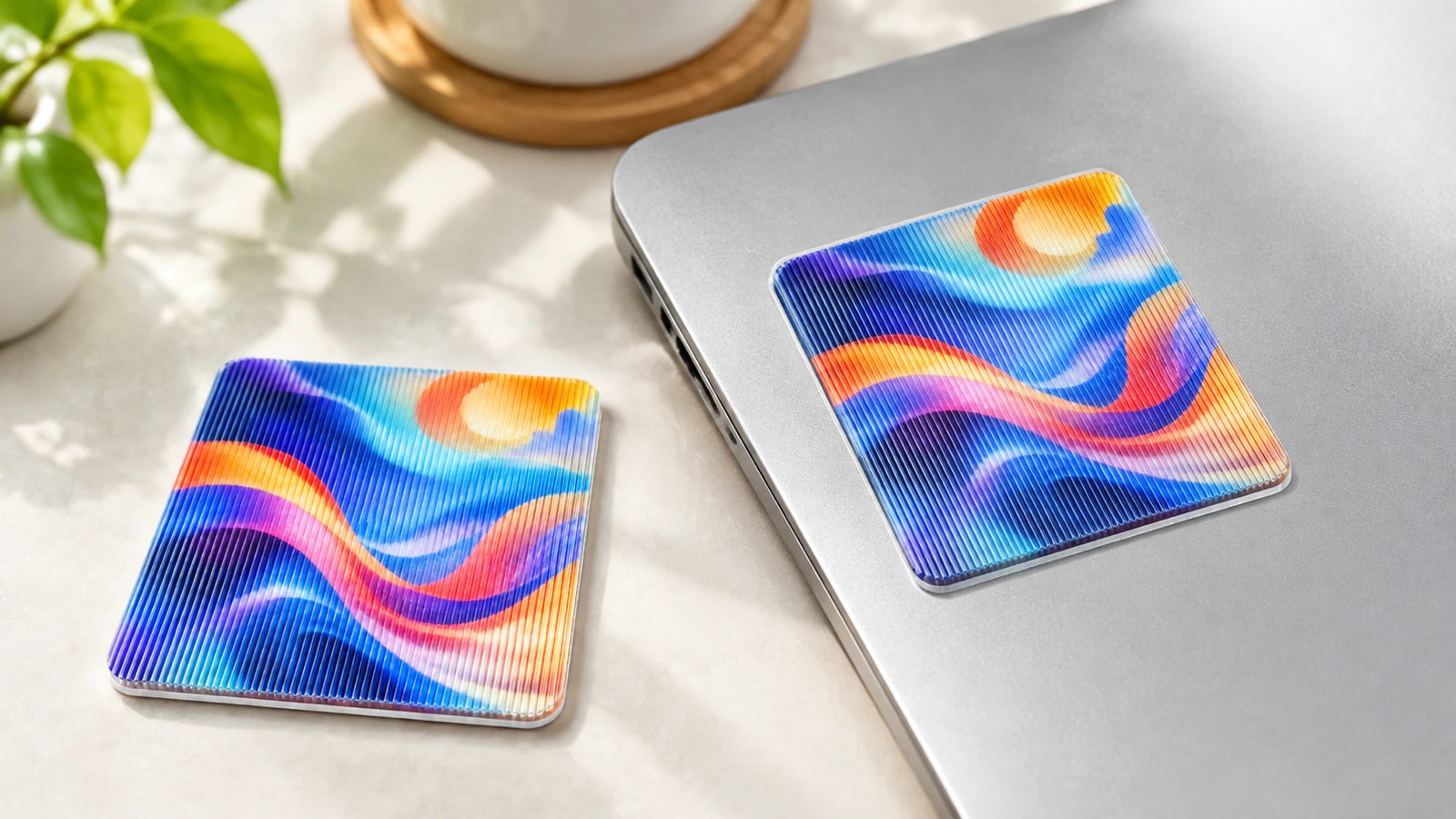 Bunte quadratische Lentikular-Muster auf einem Schreibtisch und einem geschlossenen Laptop