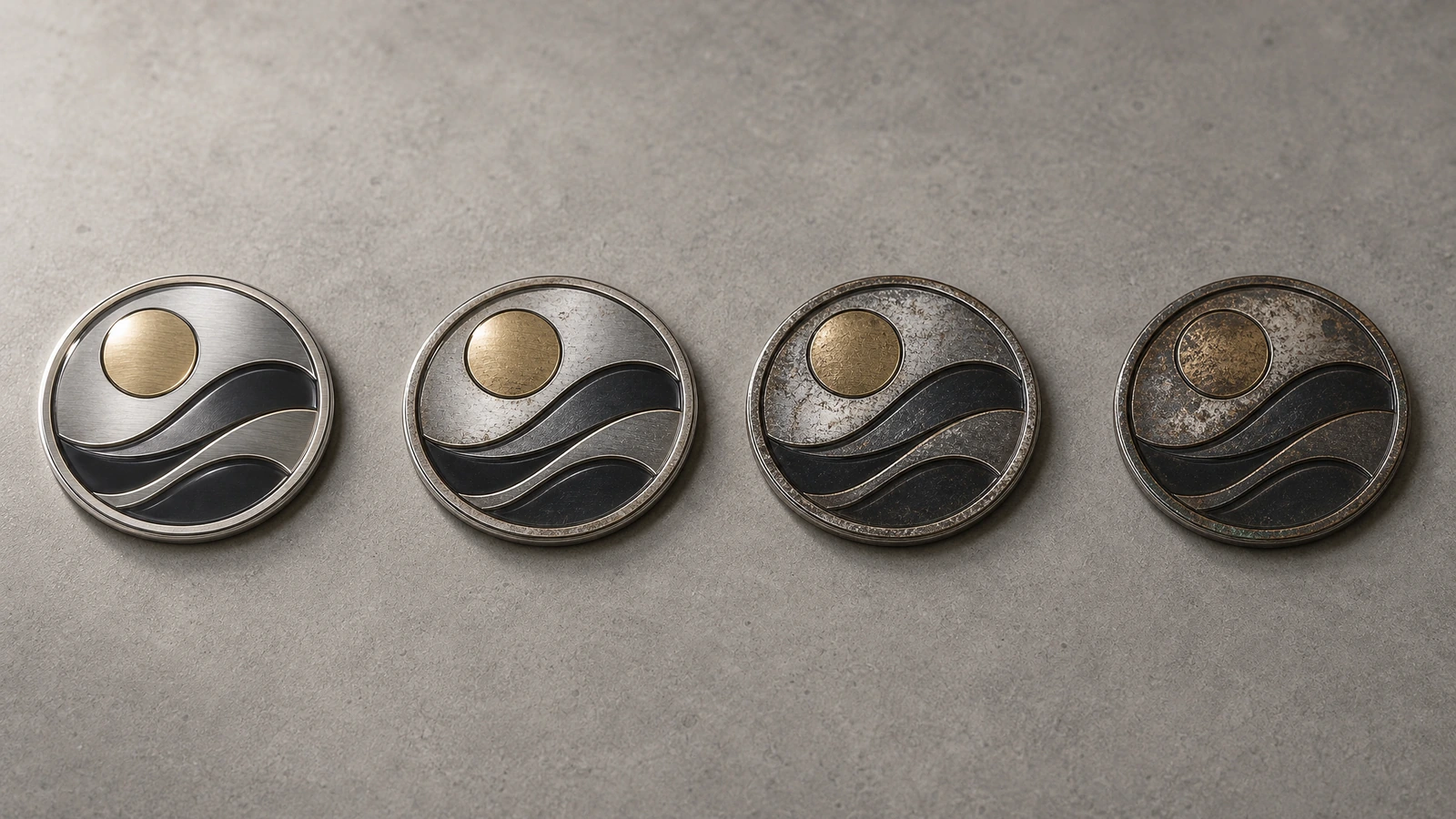 Vier runde Wellen-Emblems mit zunehmend dunkleren und fleckigeren Oberflächen