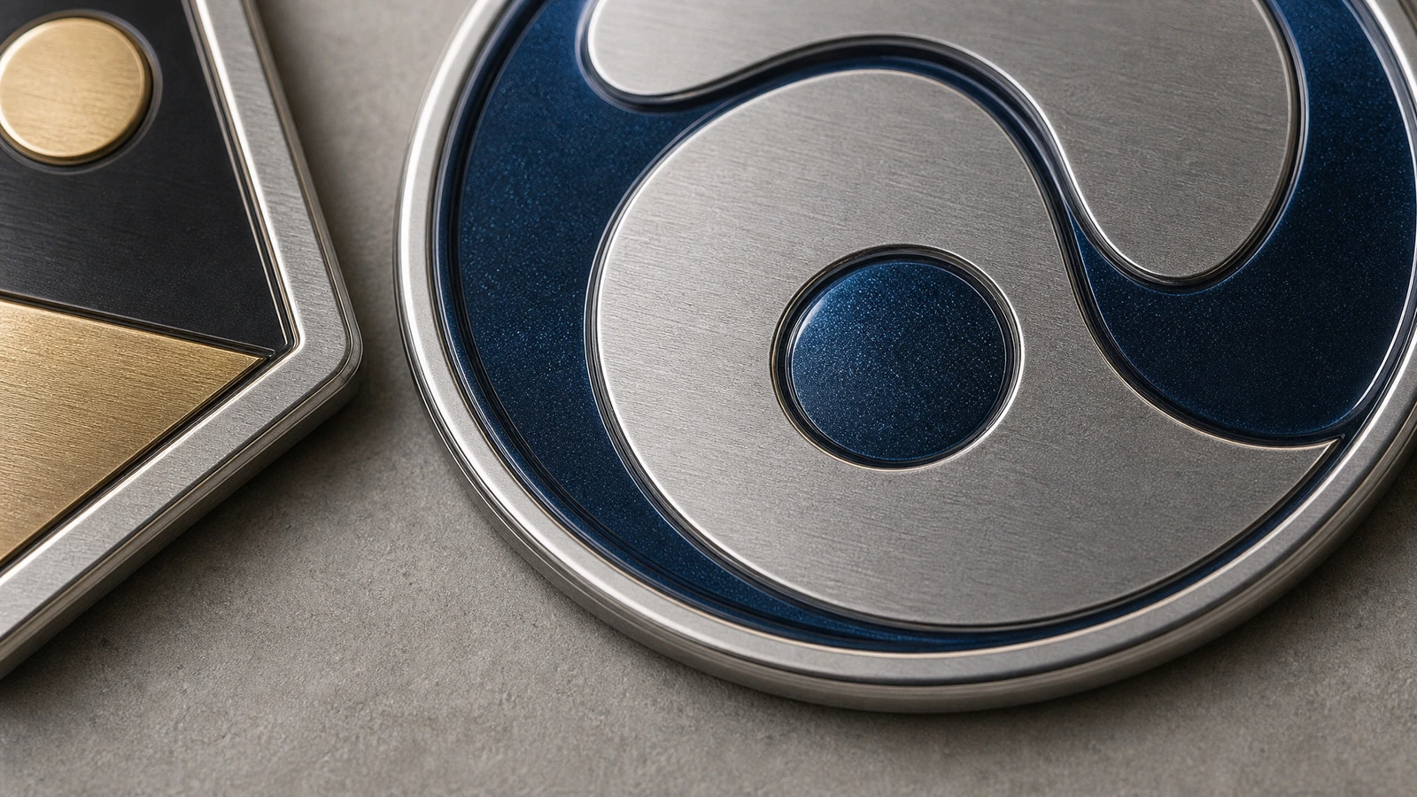 Nahaufnahme eines runden Wirbel-Emblems in Silber und Blau neben einem Ausschnitt eines geometrischen Designs in Schwarz und Gold