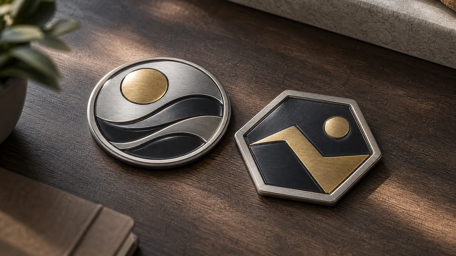 Rundes Wellen-Emblem und sechseckiges Emblem in Schwarz und Gold auf einem Holzregal