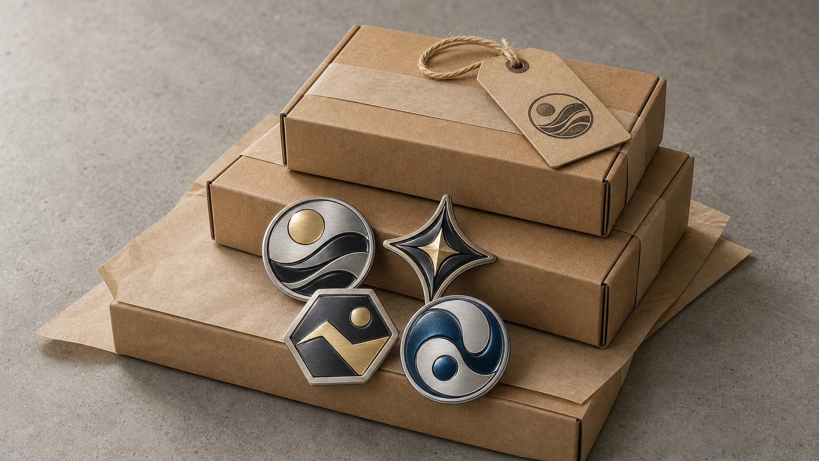 Vier dekorative Emblems vor gestapelten Kartons aus Kraftpapier mit einem gebundenen Anhänger
