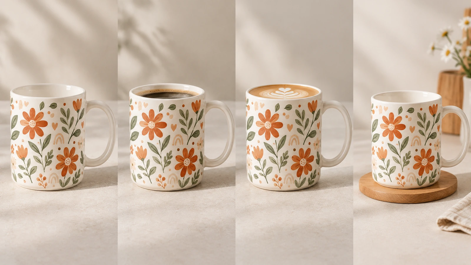 4 nebeneinanderstehende Ansichten eines Blumenbechers, darunter dunkler Kaffee und ein schaumiges Getränk