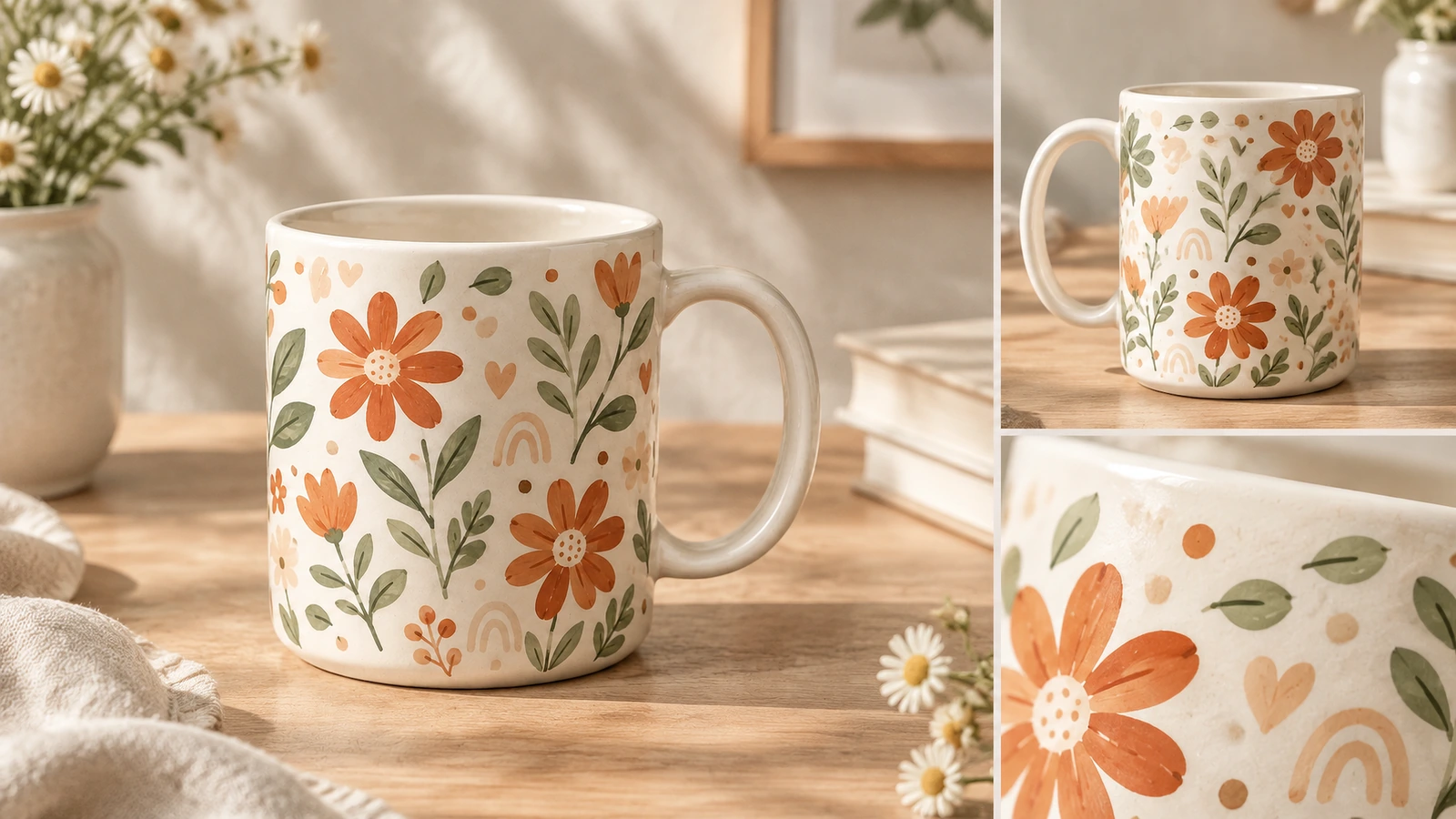 Collage aus Ansichten keramischer Blumenbecher und Detailaufnahmen der Veredelung