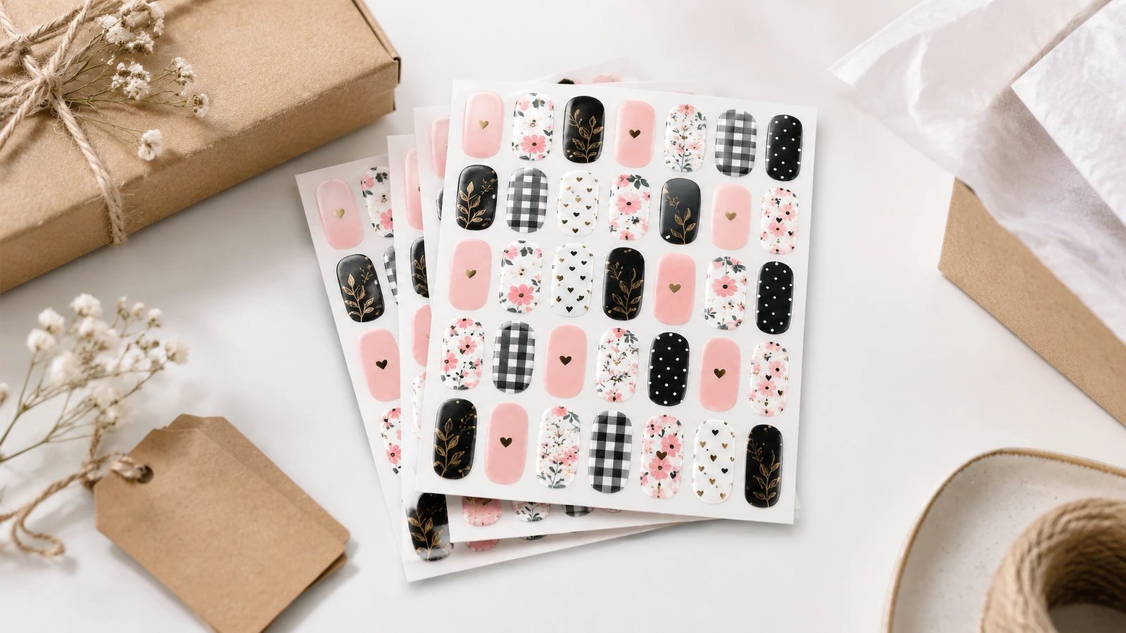 Gestapelte Nageldesign-Bögen neben Verpackungen aus Kraftpapier und Seidenpapier
