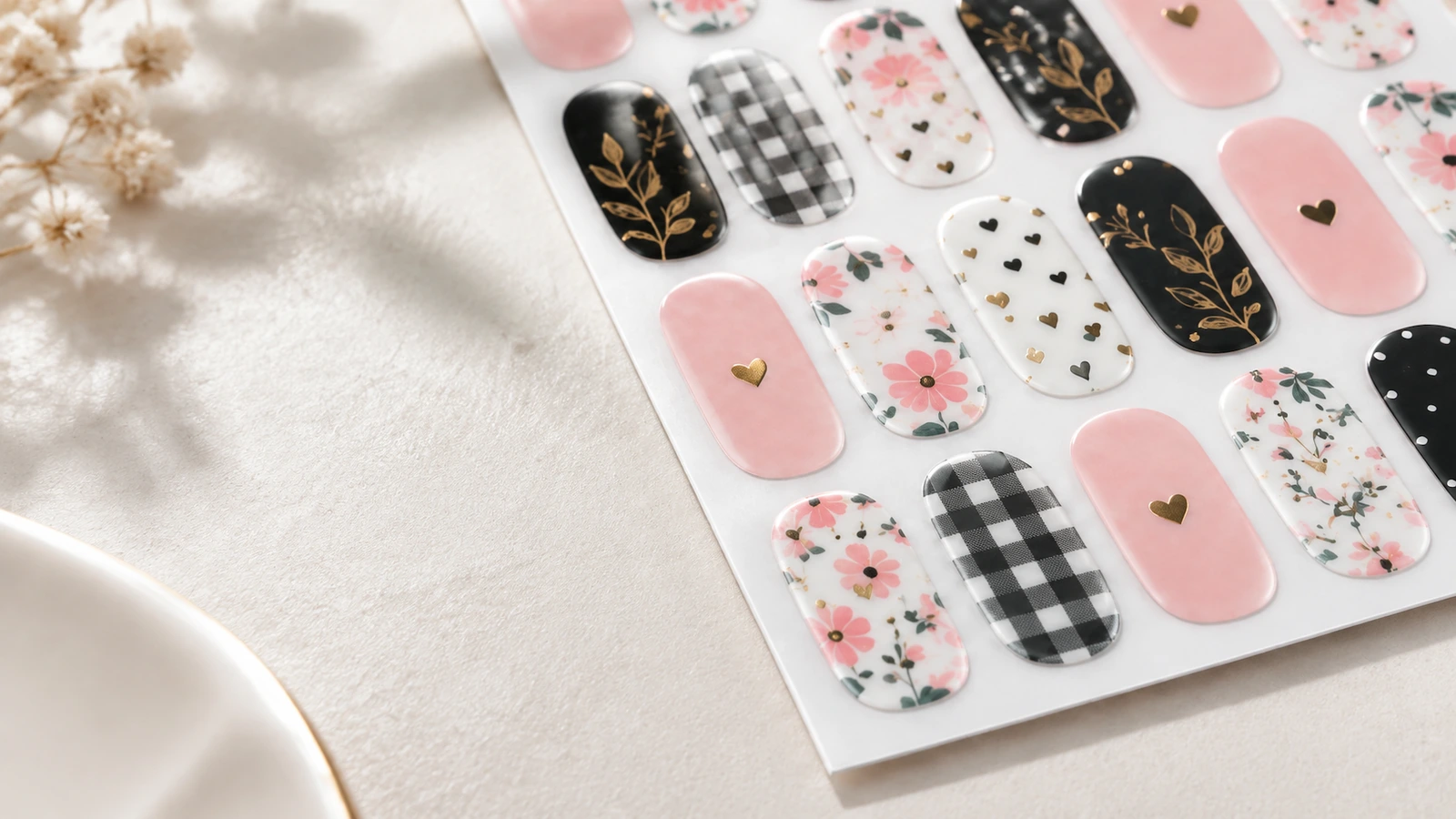 Nahaufnahme von floralen, Vichykaro- und goldakzentuierten Nageldesigns auf einem Trägerbogen