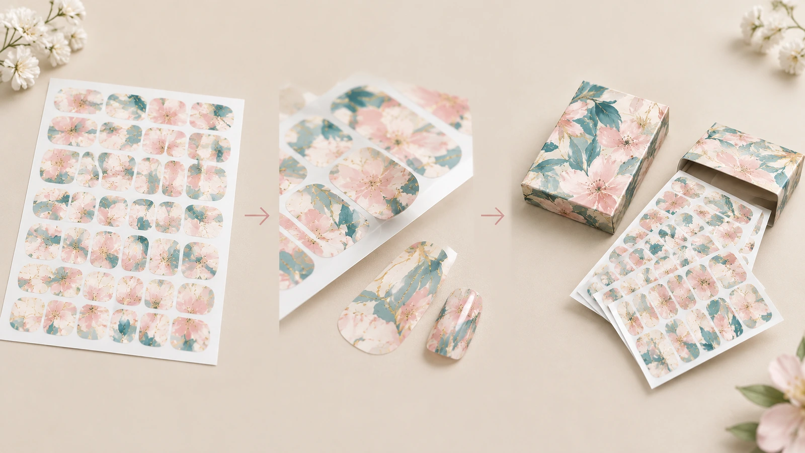 Illustrierte Abfolge eines Blumenmuster-Wrap-Bogens, ausgewählter Wraps und verpackter Bögen