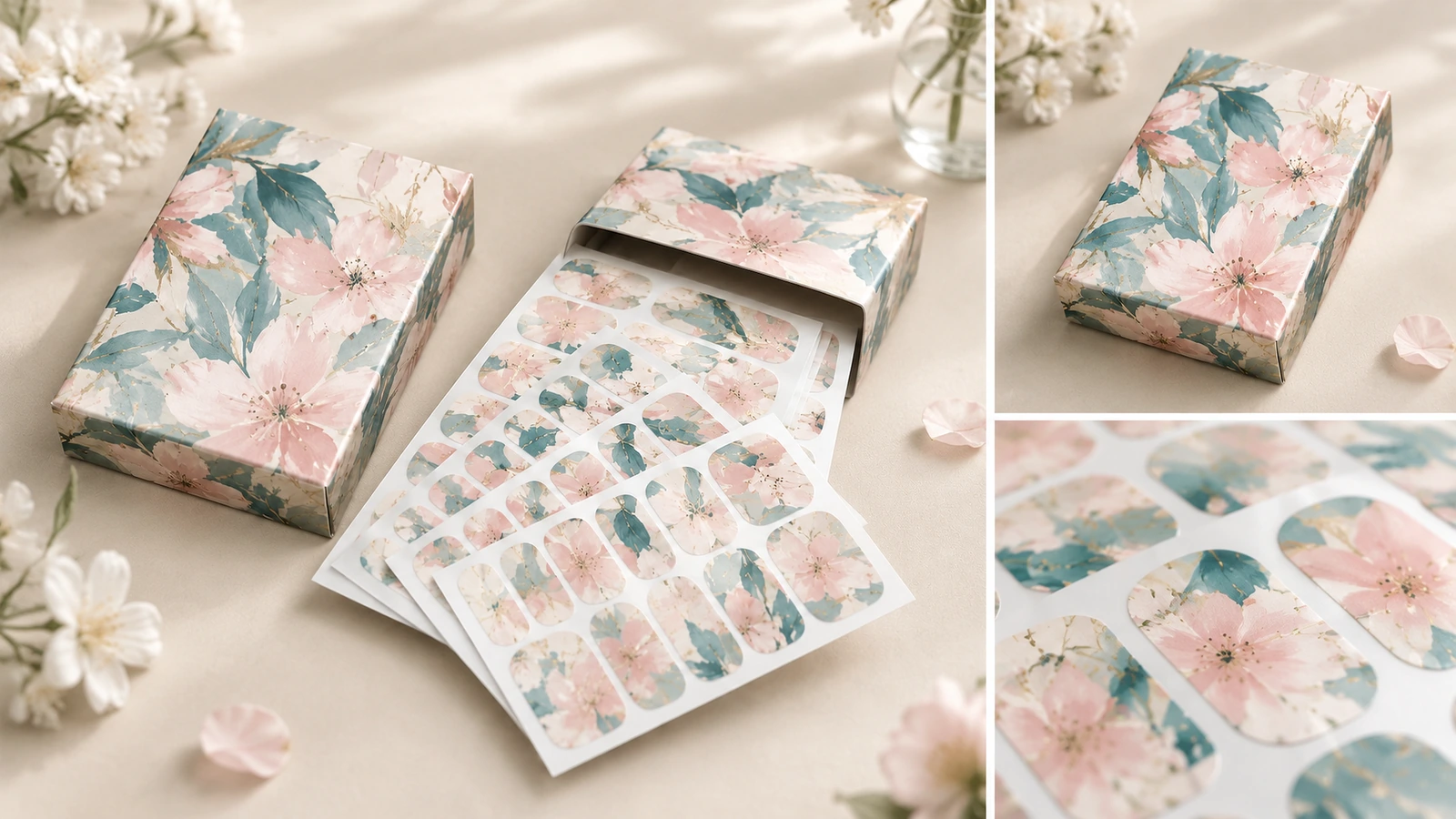 Collage aus Blumenmuster-Nagel-Wrap-Bögen, einer geschlossenen bedruckten Schachtel und Nahaufnahmen der Wraps