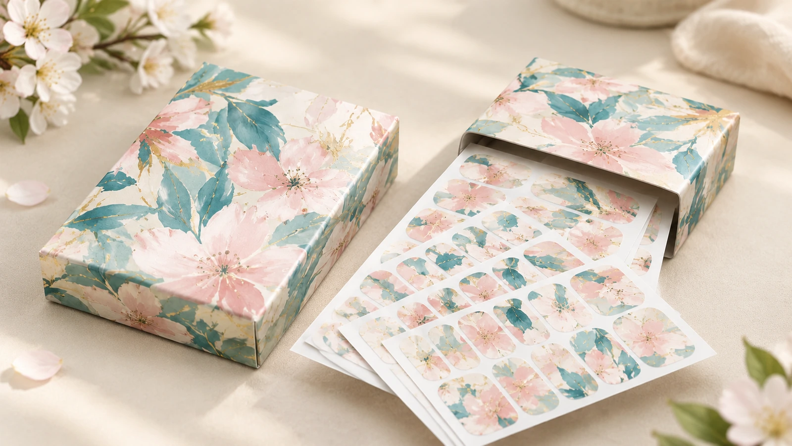 Blumenmuster-Nagel-Wrap-Bögen, außerhalb passender bedruckter Schachteln ausgestellt