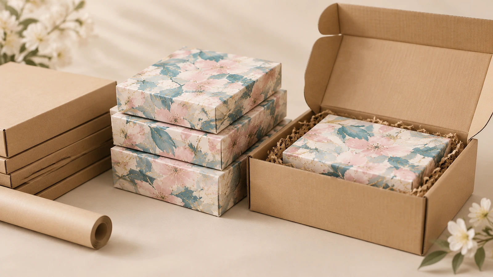 Blumenmuster-Produktschachteln, gestapelt neben einer offenen Versandtasche aus Kraftpapier mit Papierpolsterung