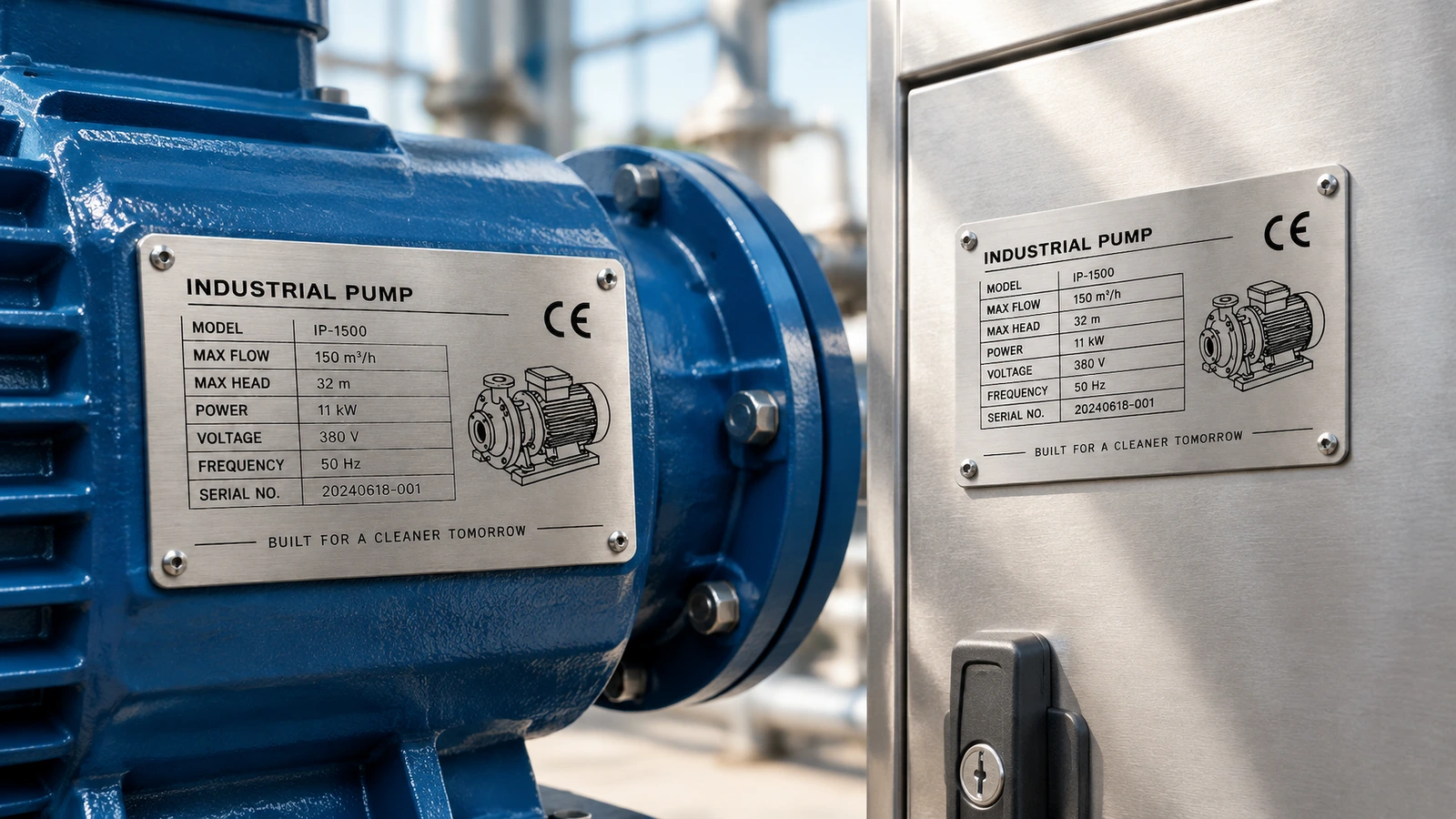 Typenschilder für Industriepumpen, montiert an einem blauen Motorgehäuse und einem Metallgehäuse