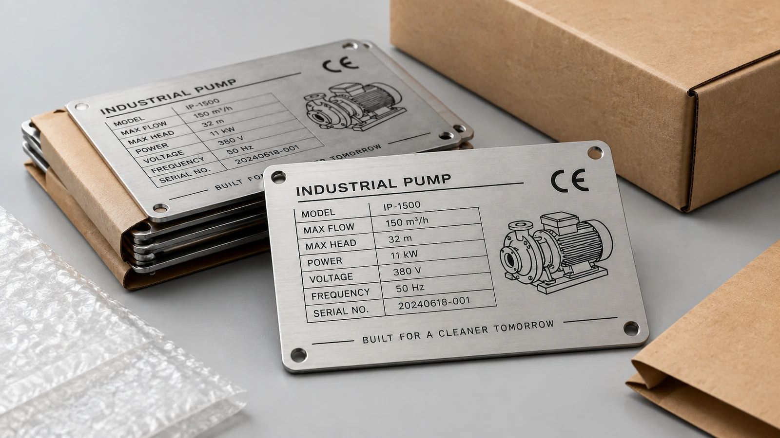 Gestapelte Typenschilder für Industriepumpen mit Schutzzwischenlagen neben Kartonverpackung und Luftpolsterfolie
