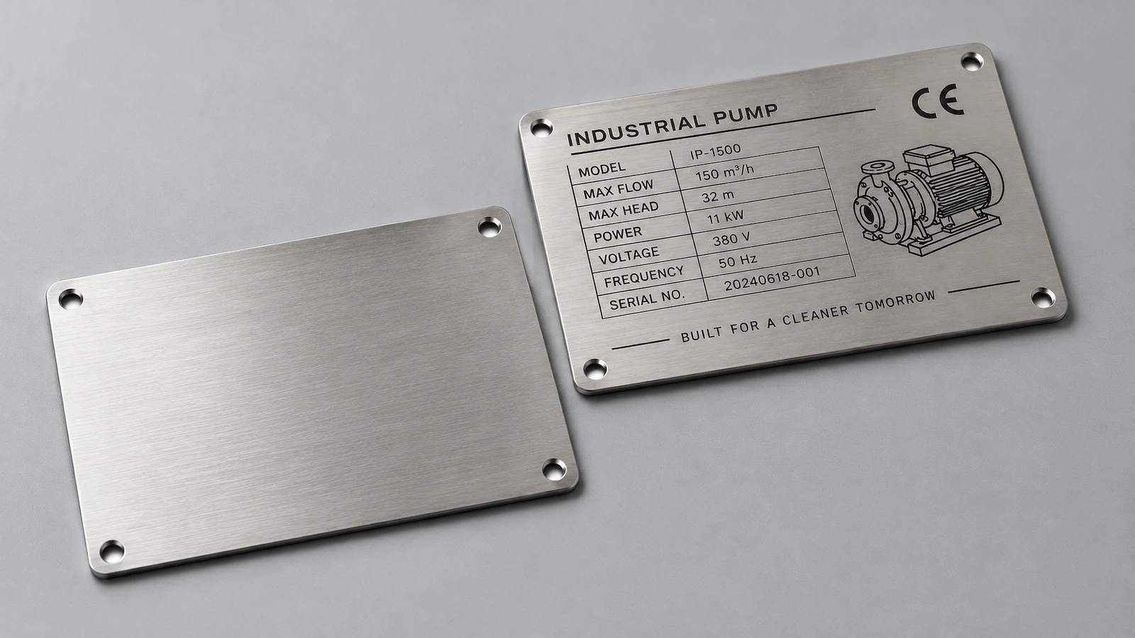 Unbeschriftete, gebürstete Metallplatte neben einem beschrifteten Typenschild für Industriepumpen, beide mit vier Befestigungsbohrungen an den Ecken