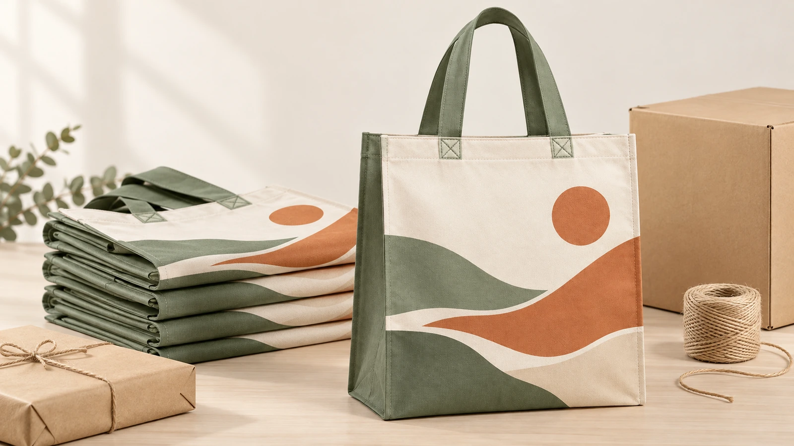 Bedruckte Tragetaschen und Verpackungsmaterial Aufrecht stehende Tragetasche mit Landschaftsdruck und gefaltete Taschen neben einem Karton und Schnur