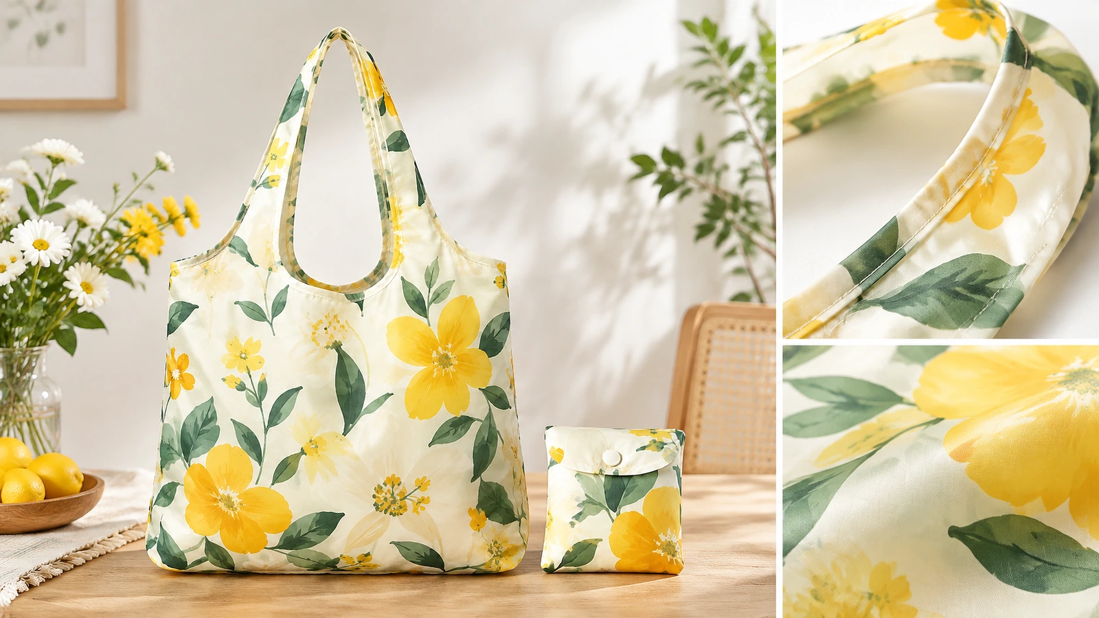 Collage einer gelben Tragetasche mit Blumenmuster und eines Beutels mit Nahaufnahmen von Henkel und Stoff