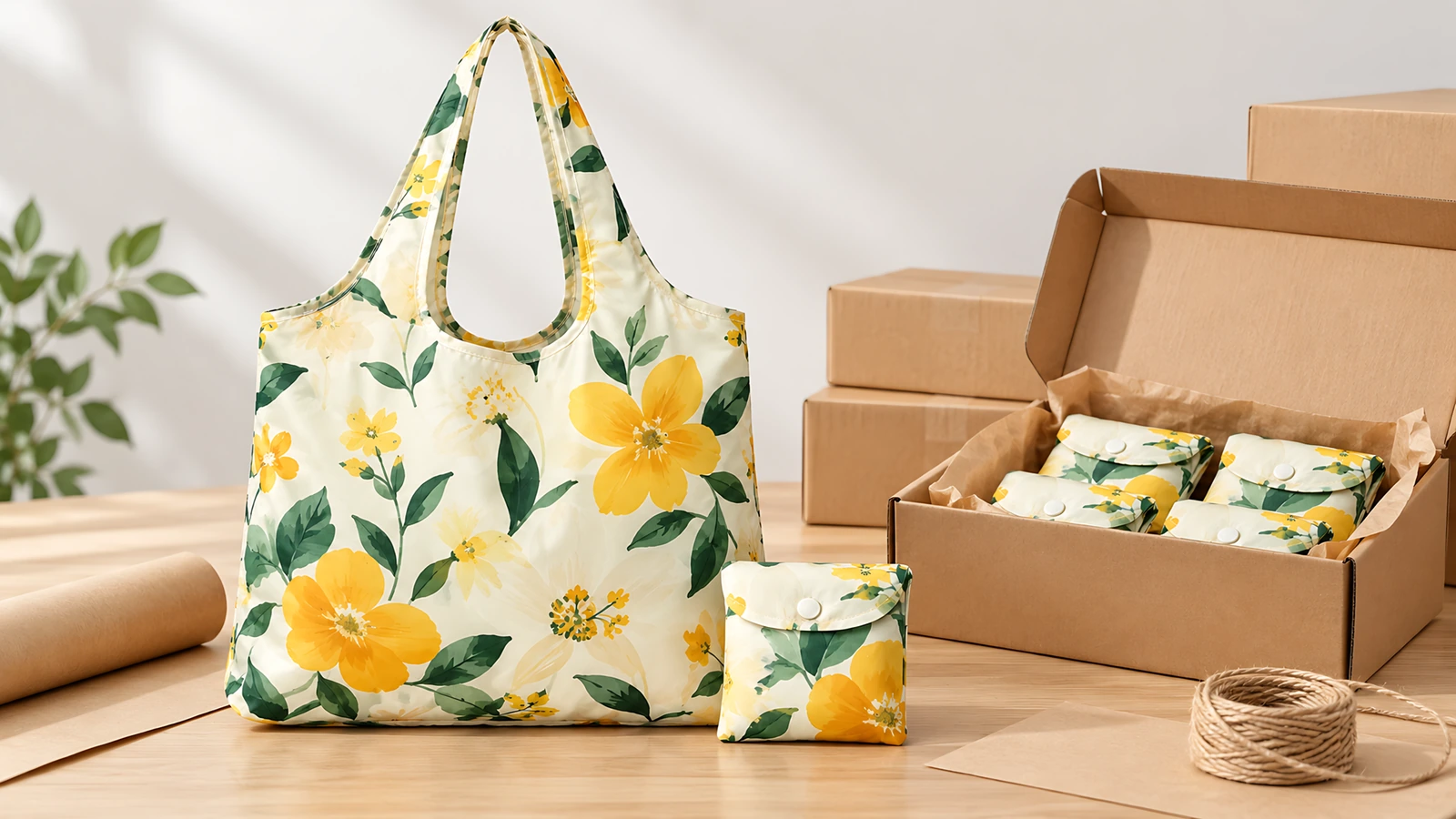 Gelbe Tragetasche mit Blumenmuster und gefaltete Beutel neben einem offenen Karton und Verpackungsmaterial