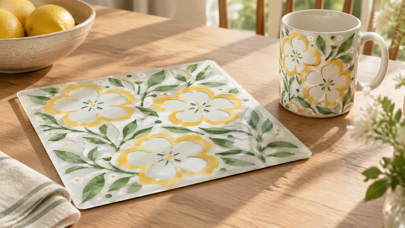 Bogen mit Blumenmuster neben einer passenden Tasse auf einem Holztisch