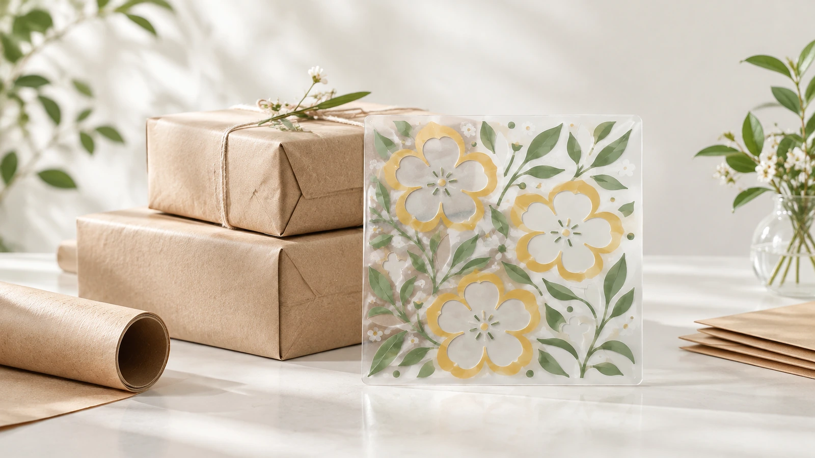 Transparenter Bogen mit Blumenmuster neben Geschenkkartons aus Kraftpapier und einer Pappröhre