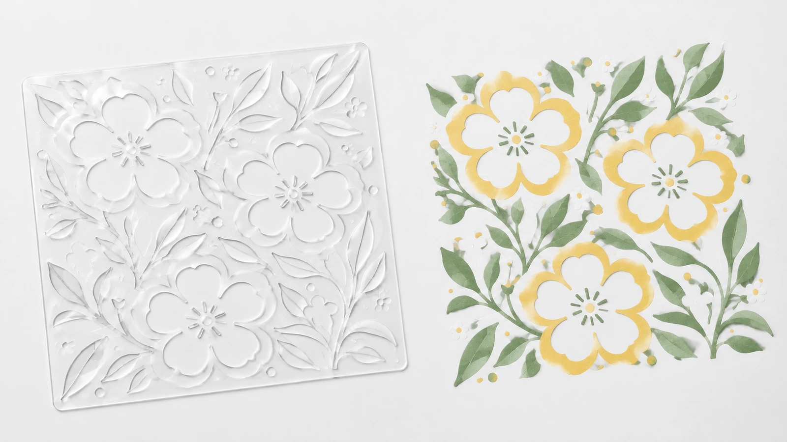 Unbemalte Blumenschablone neben einem passenden gelb-grünen Blumenmotiv
