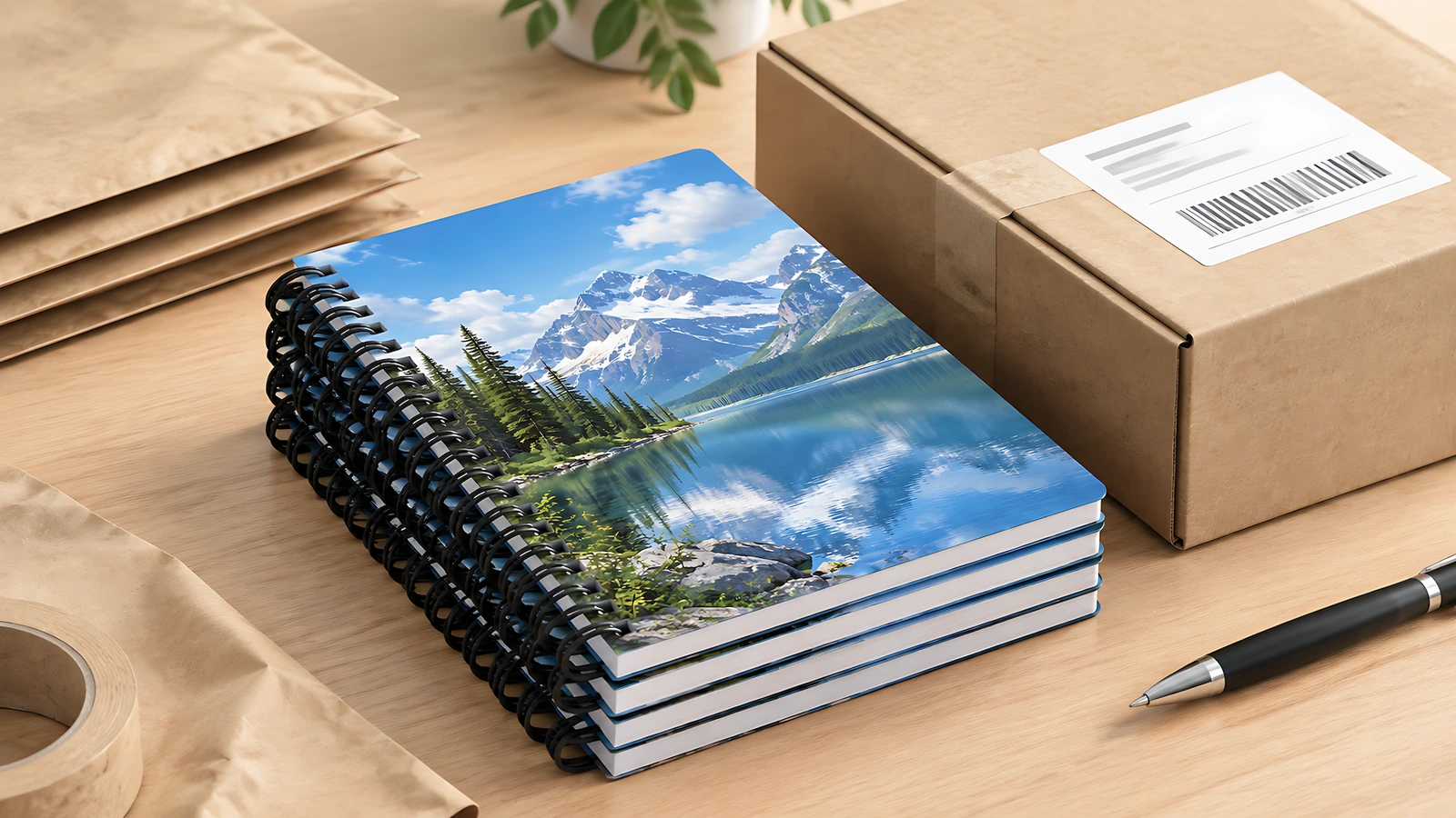 Illustrativer Stapel von Notizbüchern im Lake-Design neben einem beschrifteten Karton und Kraftpapier-Versandtaschen