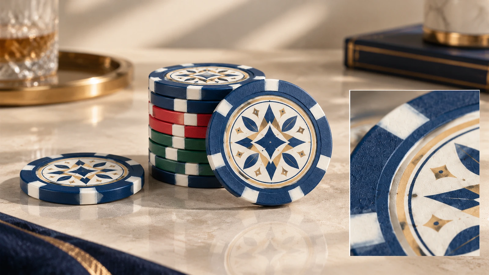 Collage aus Poker-Chips mit geometrischem Design und Nahaufnahme der verzierten Vorderseite