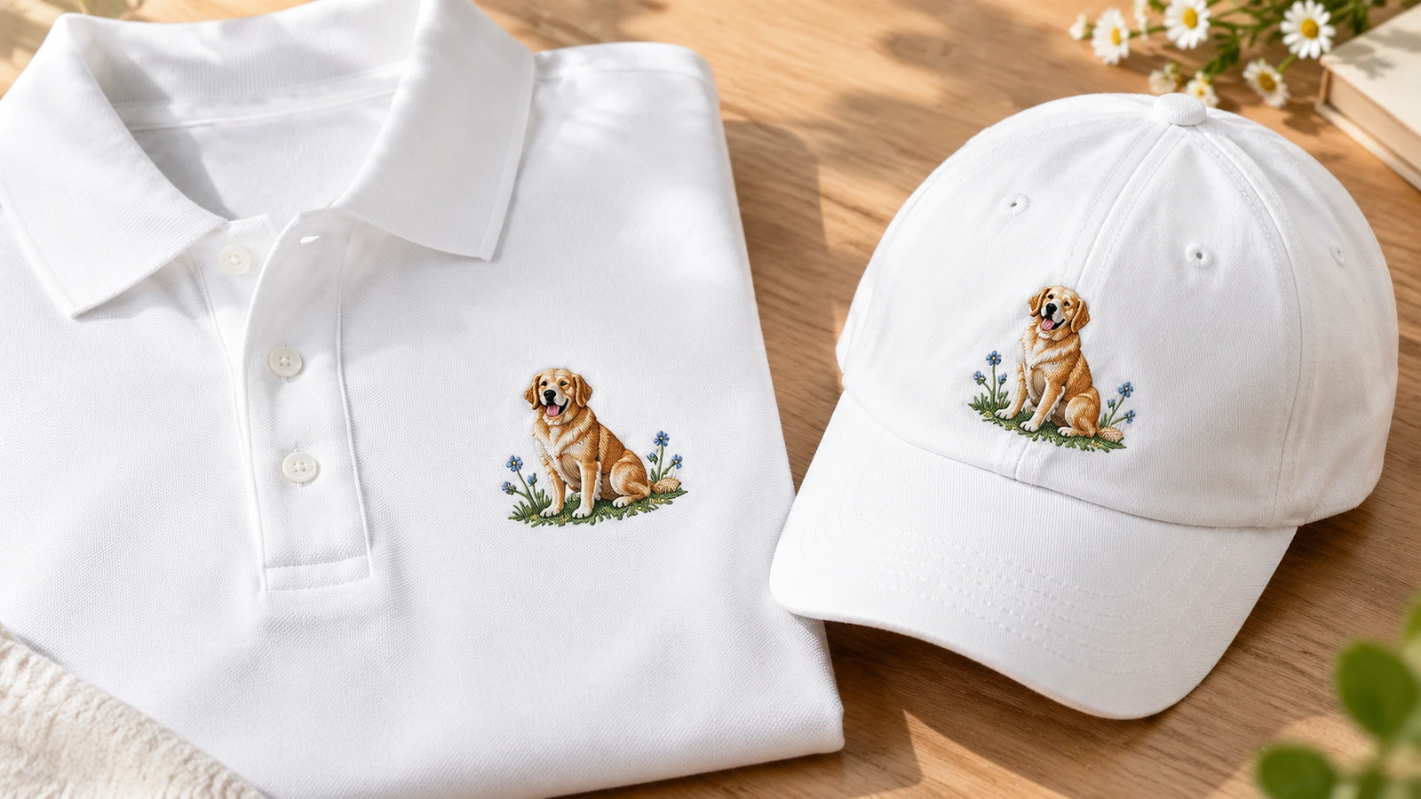 Passendes besticktes Poloshirt und Kappe Gefaltetes weißes Poloshirt und passende weiße Kappe mit Hundestickerei auf einem Holztisch