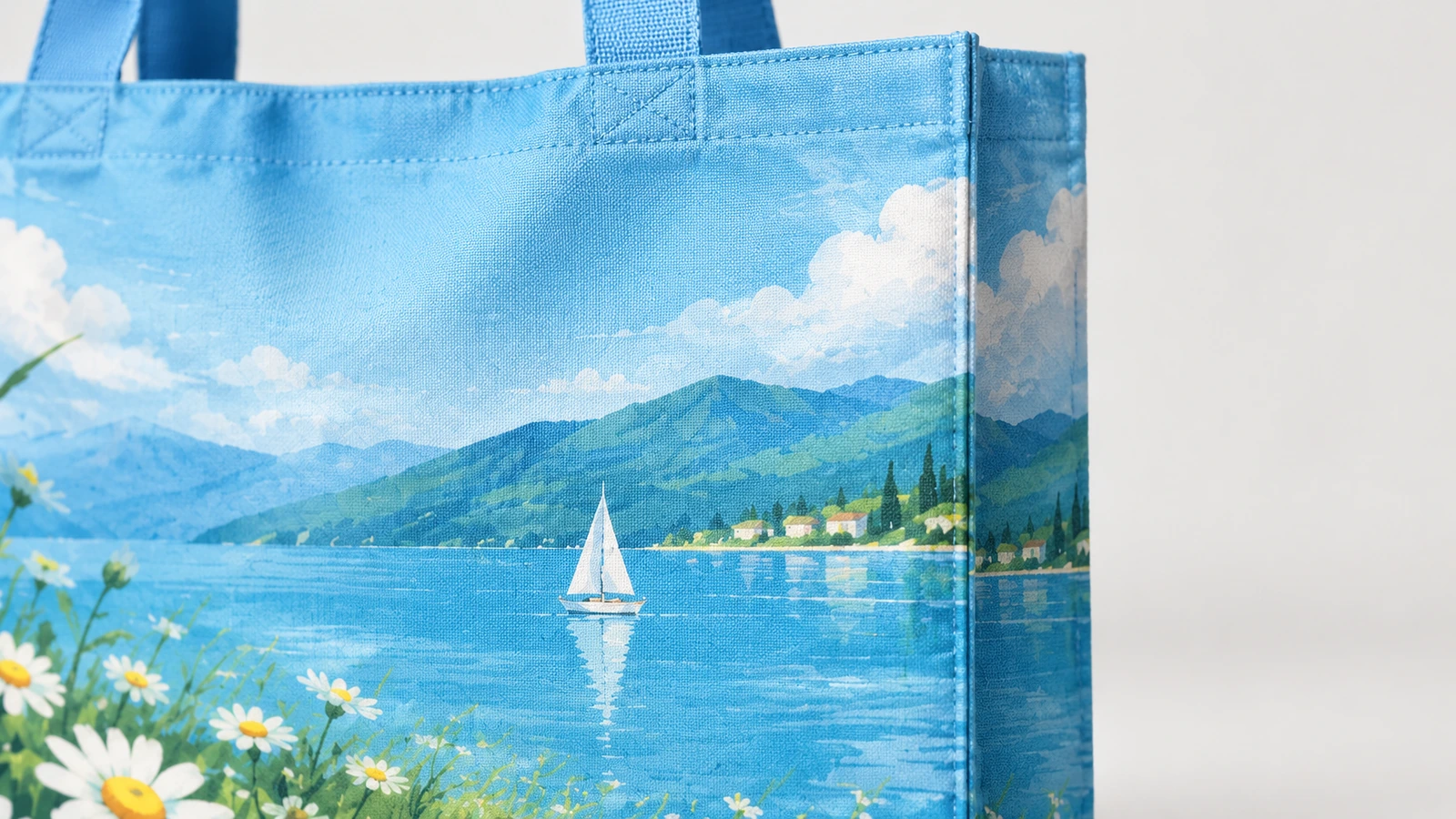 Nahaufnahme des Taschenstoffs mit See-und-Gänseblümchen-Muster, oberer Naht und blauen Henkeln