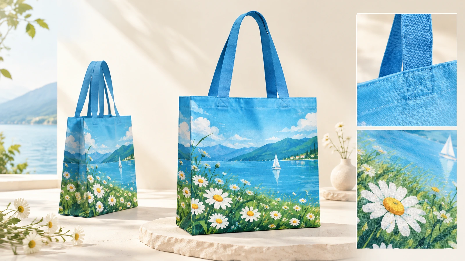Zwei bedruckte blaue Taschen mit Nahaufnahmen einer Henkelverbindung und Blumenstoff