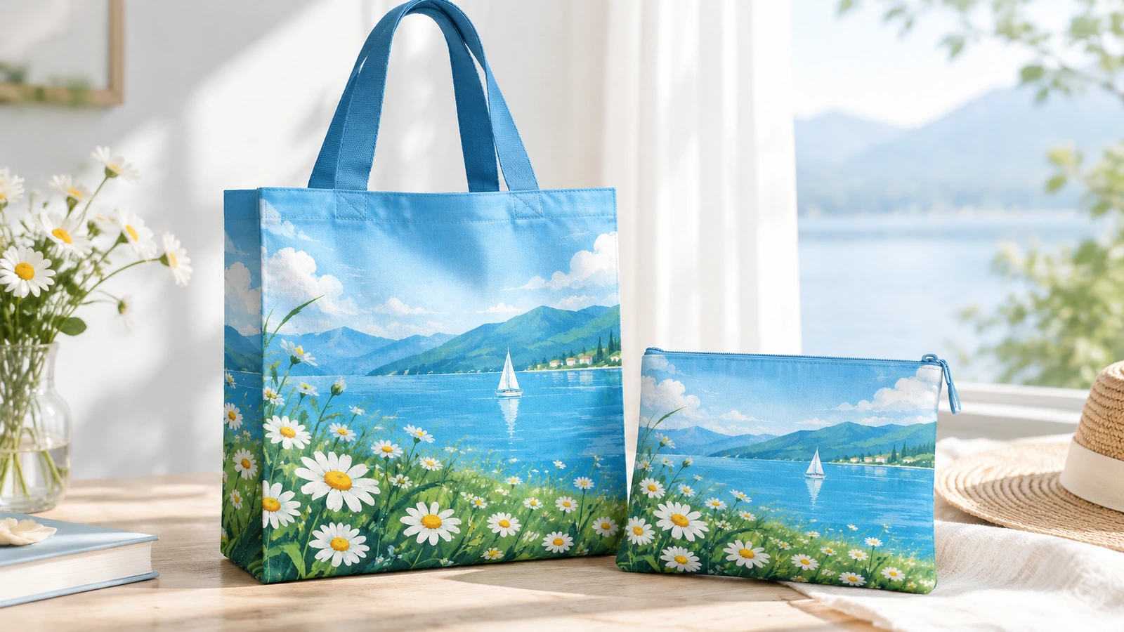 Blaue bedruckte Tasche mit See-und-Gänseblümchen-Muster und passendem Reißverschlussbeutel auf einem Tisch