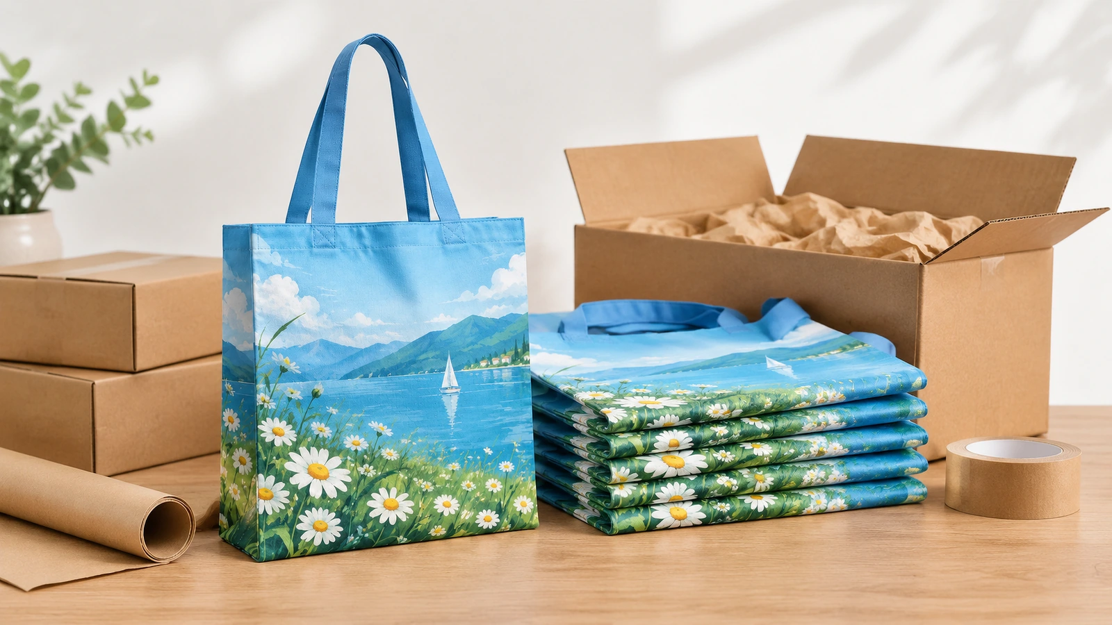Bedruckte blaue Tasche und gestapelte, gefaltete Beutel neben Pappkartons zum Verpacken