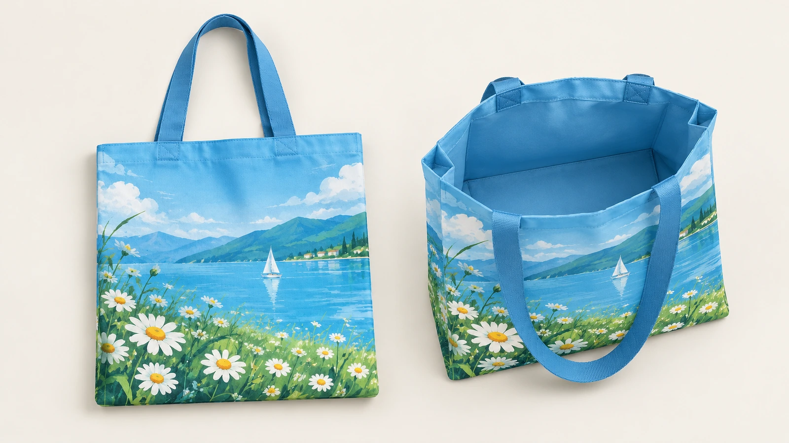Vorderansicht und Ansicht der offenen Oberseite einer blauen bedruckten Tasche mit See-und-Gänseblümchen-Muster