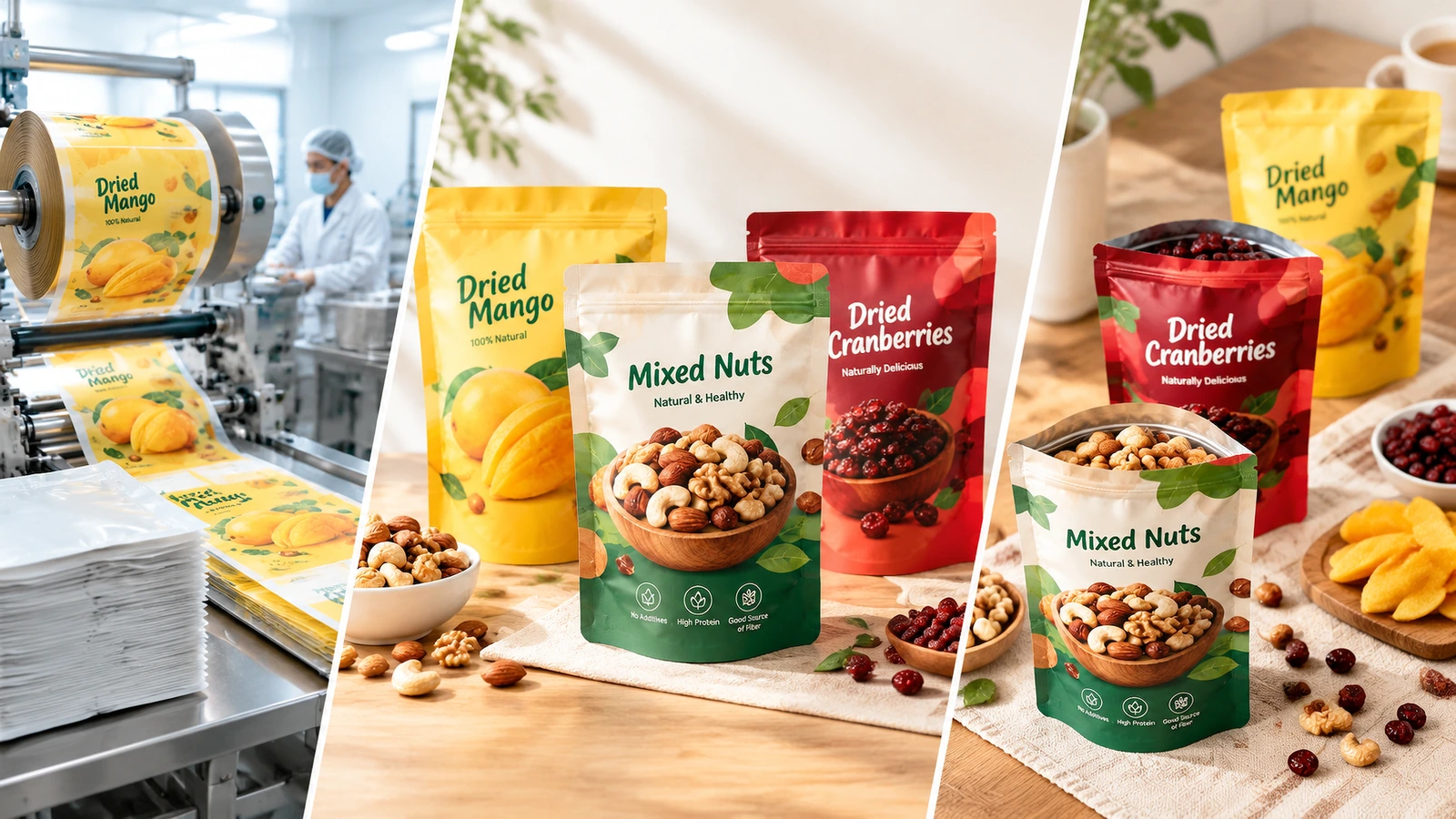 Collage aus einer Produktionslinie für bedruckte Folie und fertigen Snack-Beuteln