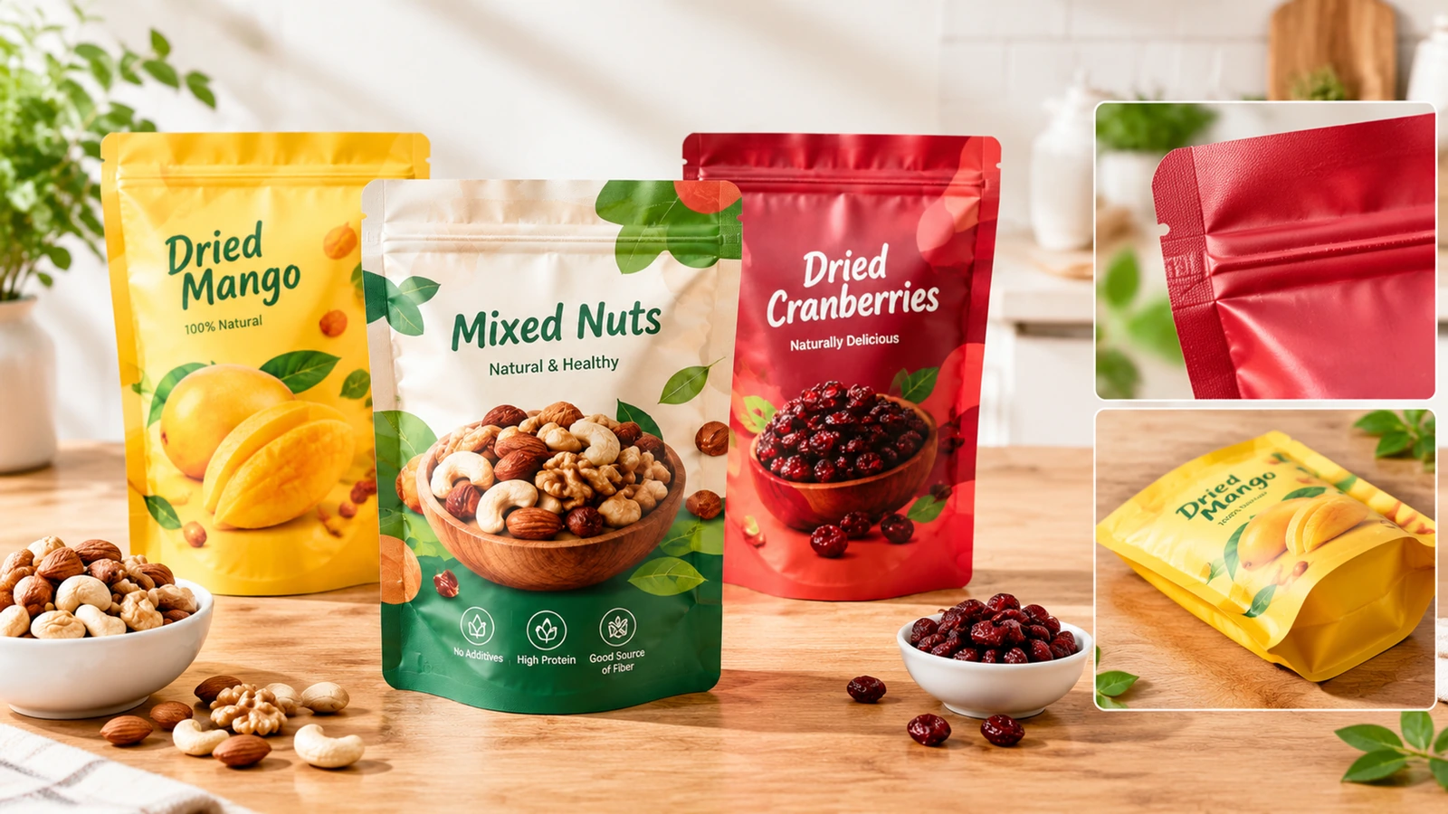 Präsentation von Snack-Beuteln mit Detailausschnitten der wiederverschließbaren Oberkante und des gefalteten Beutelbodens