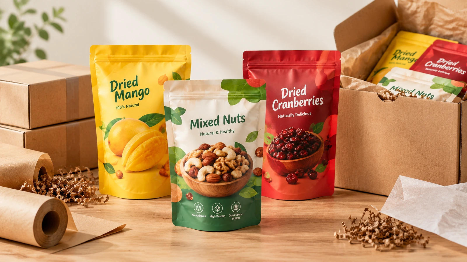Bedruckte Snack-Beutel neben Versandkartons und Verpackungsmaterial