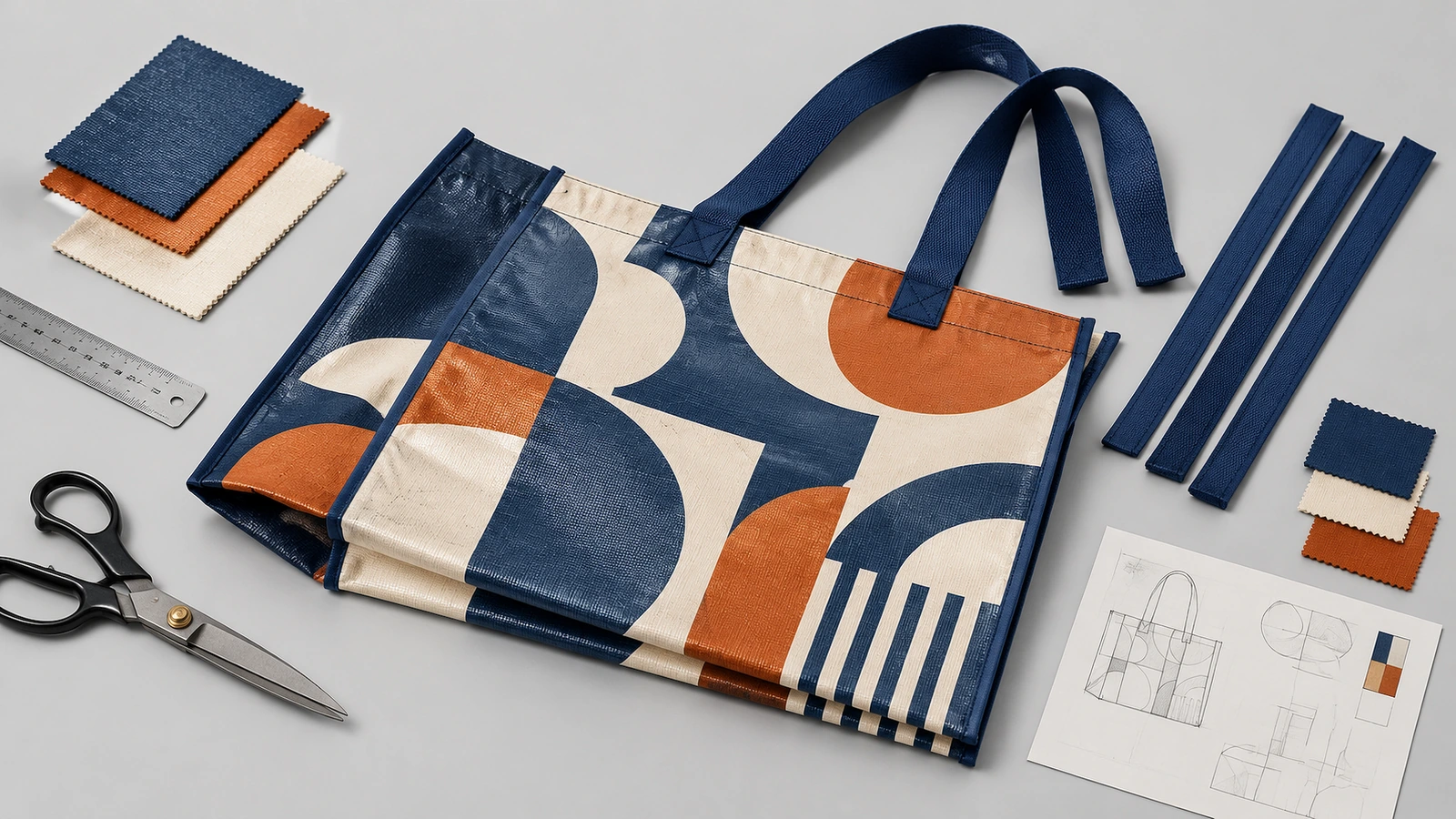 Gemusterte Tragetasche in Marineblau, Orange und Creme mit Stoffteilen, Henkeln, Schere und Taschenzeichnung