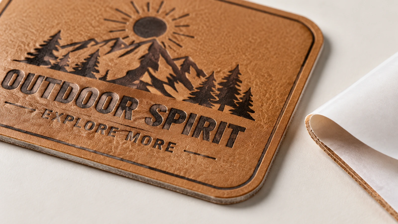 Nahaufnahme eines strukturierten braunen PU-Lederetiketts mit Berglogo von Outdoor Spirit